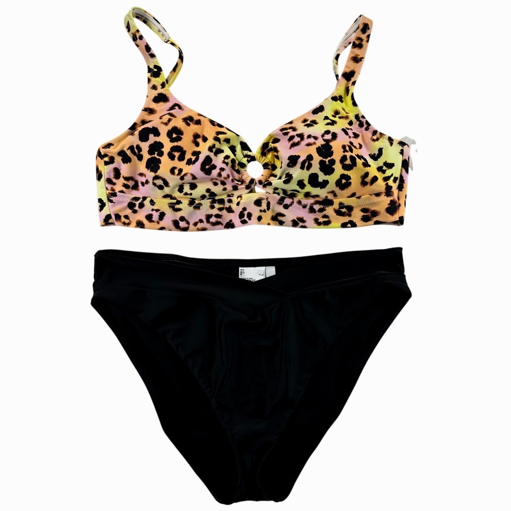 Bar III Womens XL Bikini Set Leopard Print O-Ring Top Black V-Waist Bottoms NEW
